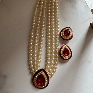 Vintage 80s Faux Pearl, Gold, Ruby Necklace and Clip On Earrings